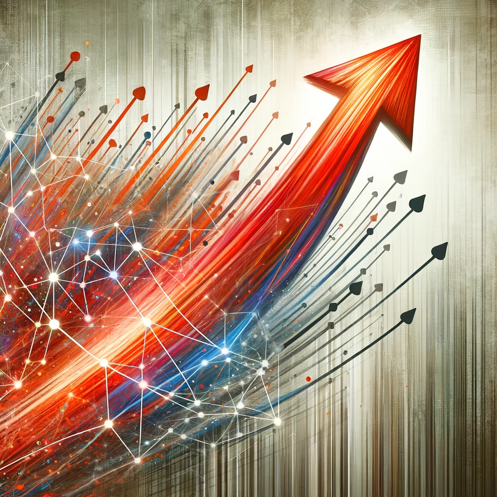 Dynamic growth concept with a 3d red arrow soaring upwards amid digital network connections on a textured background, symbolizing rapid progress, innovation, or a surge in door to door sales success.