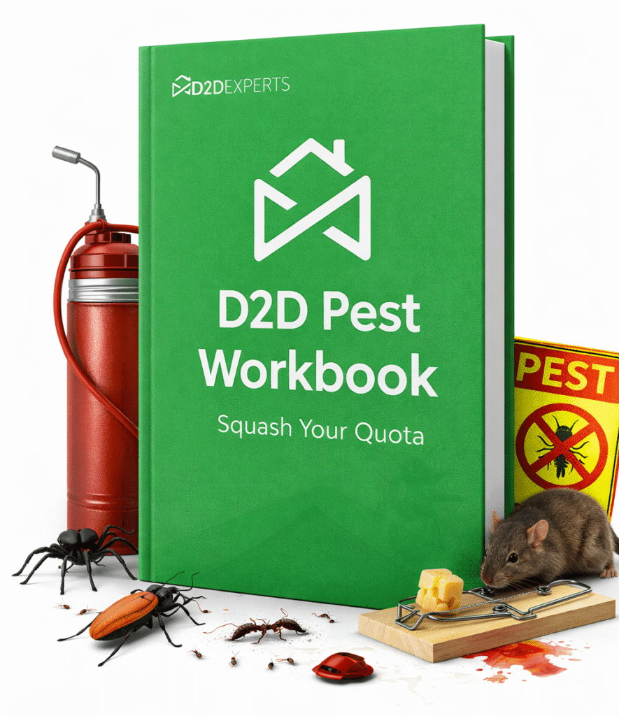 A green book titled "D2D Pest Workbook: Squash Your Quota" stands upright. Surrounding it are a rat, insects, a mousetrap, a red pesticide sprayer, and a yellow pest warning sign.