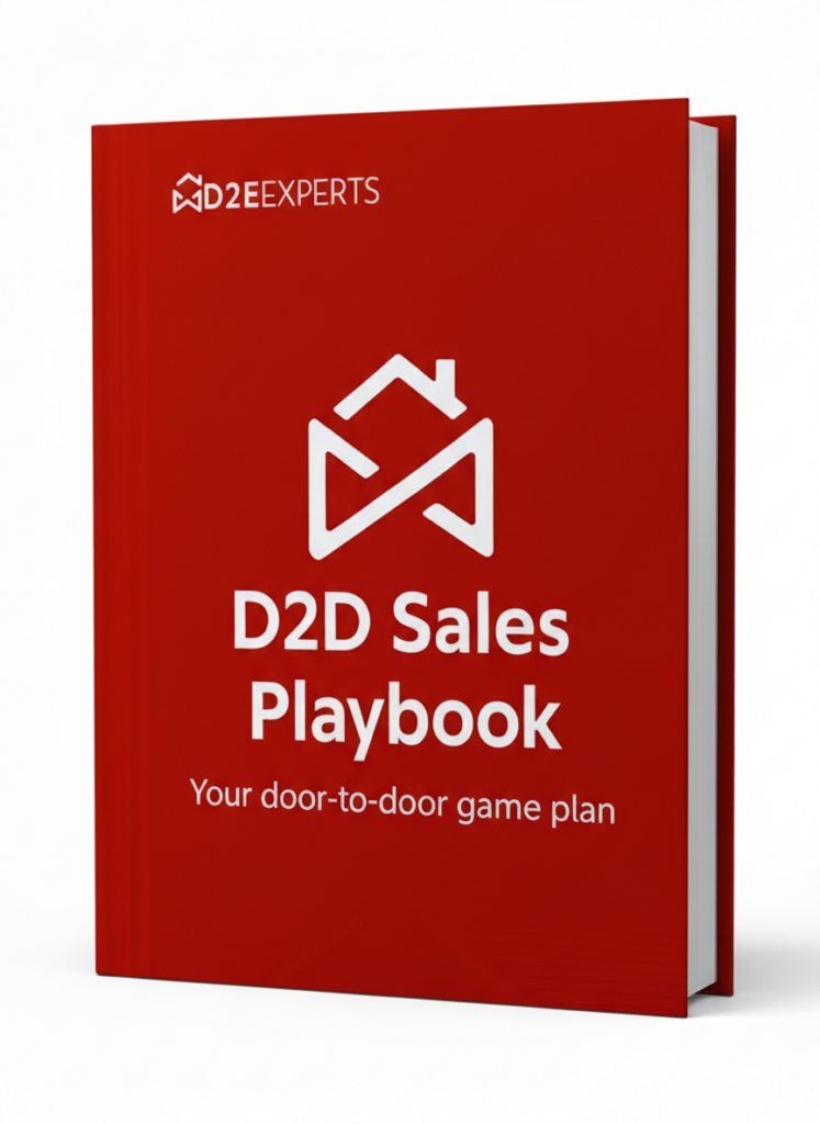 A red book titled "D2D Sales Playbook: Your door-to-door game plan" by D2E Experts, featuring a white house icon on the cover—essential reading for mastering High-Performance D2D Sales.