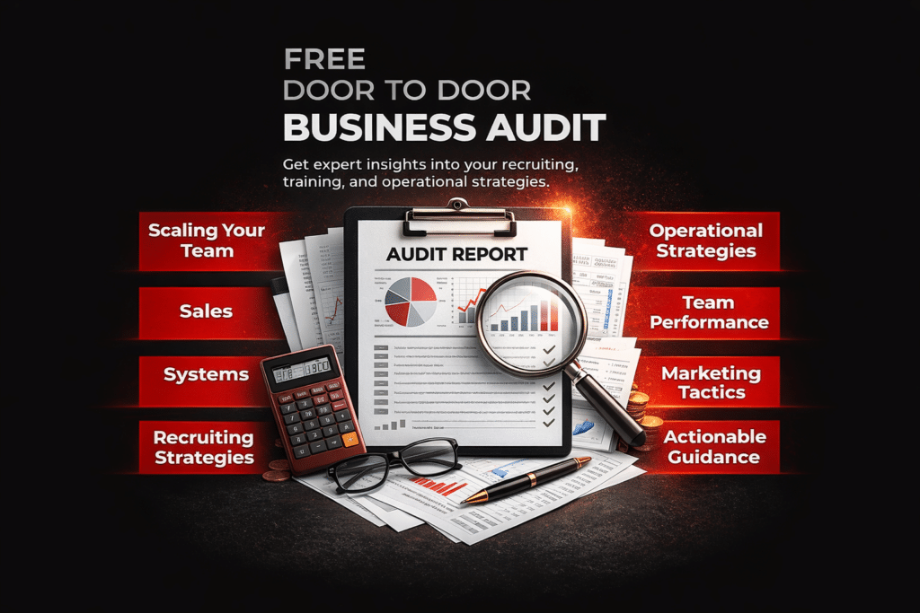 A clipboard with an audit report, calculator, magnifying glass, and papers surrounded by business terms like sales, door-to-door sales, systems, recruiting strategies, operational strategies, team performance, and marketing tactics.