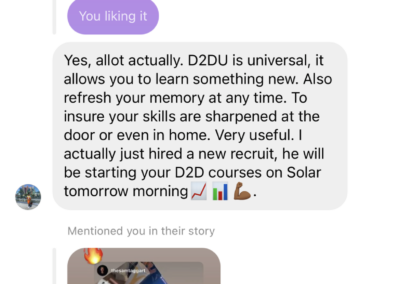 A screenshot of a messaging app conversation where someone has replied to an instagram story about a robotics display, indicating that the robotics skills being showcased are widely applicable and teasing about hiring a new recruit with those skills for solar panel training.