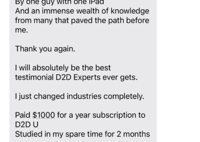 The image shows a screenshot of an imessage conversation where one person is sharing their success in marketing after having invested in a course, witnessed by acknowledgment and enthusiastic response from their contact.