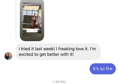 A screenshot of a direct message conversation on instagram where one user expresses excitement and gratitude about something they received and are engaging with, and the other user responds positively to the message.