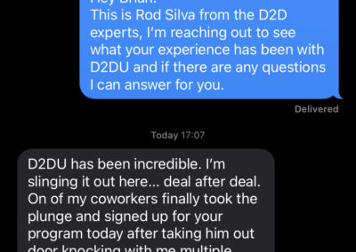 Text message conversation showing one person enthusiastically sharing their positive experience with a service called d2d, mentioning how a representative visited their home, leading to a coworker signing up for the program as well.