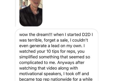 An individual is sharing a success story in a messaging app, expressing excitement over achieving a sales milestone and becoming a top d2d (door to door) salesperson, while a contact responds with enthusiastic congratulations and support.