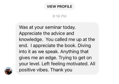 A screenshot of a facebook messenger conversation with a person named tony koelling kerce, showing a new message thanking someone for a seminar and expressing appreciation for advice and insight. the profile picture shows two people smiling closely together.