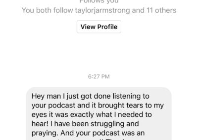A screenshot of a direct message on instagram from a user named "captainkayak" to another user, expressing heartfelt thanks for a podcast that brought them to tears and provided significant comfort and inspiration.