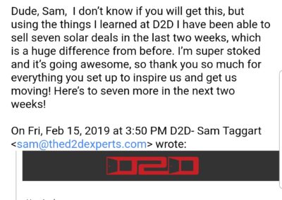 A screenshot of an email conversation with a promotional message about a sale at d2d summit, with a section highlighted about personal development and growth. there's a person in the background, seemingly contemplating or reading.