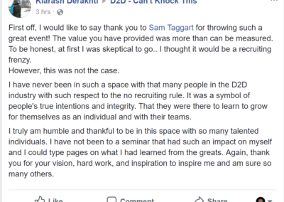 The image shows a social media post with a written message from a person expressing gratitude for a positive experience at a direct-to-door marketing event, initially skeptical but ultimately finding it educational and inspiring. the user highlights the ethical approach of no recruiting within the industry and the opportunity to grow personally and professionally. the post includes thanks to specific individuals, the event, and the inspiration received from the experience.