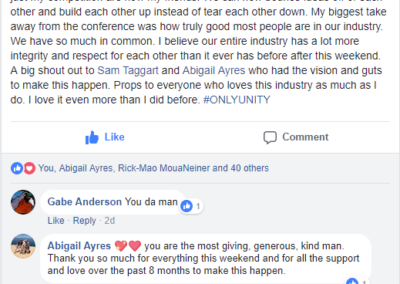 A screenshot of a social media post where a person expresses gratitude for having the opportunity to speak at an industry event, highlighting the sense of community and inspiration they felt, while encouraging unity and respect within the industry.