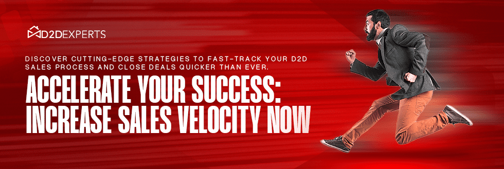 A dynamic businessman running forward with speed on a red background, symbolizing urgency and forward momentum, alongside a marketing message promoting strategies to enhance b2b sales and increase sales velocity.