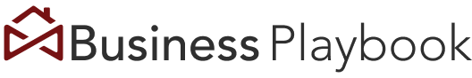Business playbook logo depicting a stylized playbook with a red checkmark, representing strategies for successful business practices.