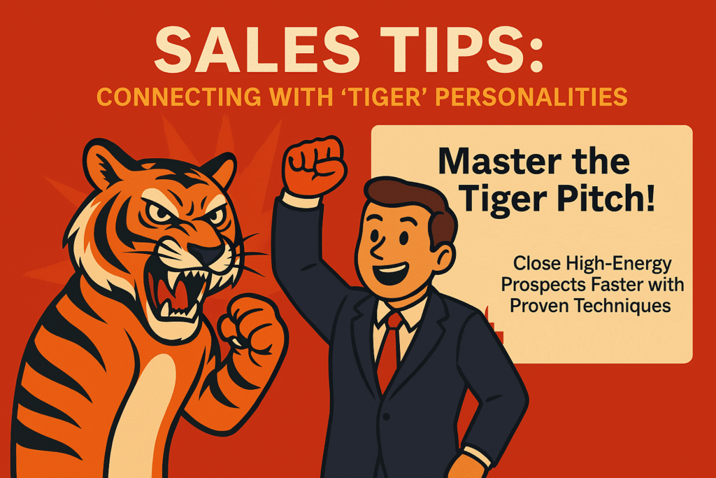 An illustration features a suited person raising a triumphant fist beside a roaring tiger. Text reads: "Tiger Sales Tips: Connect with 'Tiger' Personalities. Master the Tiger Pitch! Close High-Energy Prospects Faster with Proven Techniques.