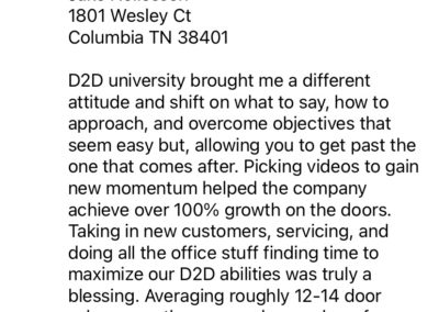 The image shows a text message or a written testimonial with a timestamp of 4:37 pm from someone named jake wellesley. the content praises an entity named d2d university for teaching effective sales techniques, strategies, adaptability, and overcoming objections. the individual expresses gratitude for the growth experienced both personally and in terms of company revenue gains, specifically noting at least a 100% increase. the message also mentions that the business operates in columbia, tennessee, and provides a contact phone number.