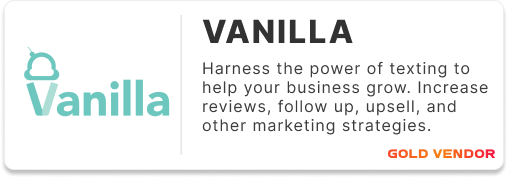 A promotional banner for "vanilla," a service providing text messaging solutions for businesses, highlighting features such as increasing reviews, follow-ups, upselling, and enhancing marketing strategies, with a gold vendor badge.