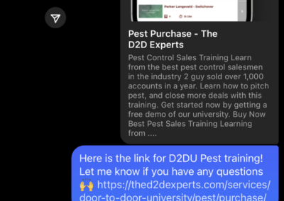The image is a screenshot of a messaging application on a smartphone, showing a conversation with someone named sam smith. there's a promotional message about "d2d pest control experts" indicating a training service for door-to-door sales. beneath this message, there's a response sharing a testimonial about an investment opportunity where the individual claims to have made a significant profit, which appears to be spam. the interface suggests the device is an iphone, as indicated by the battery, signal, and time icons at the top.