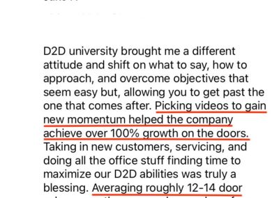 The image shows a text message on a messaging app where someone named jake n is discussing their experiences and skills acquired from d2d university, including a shift in mindset and practical strategies for sales and customer service, which has helped the company achieve over 100% growth. the sender also expresses gratitude for the opportunity and mentions averaging 12-14 door-to-door sales a month, as well as continuing to learn.