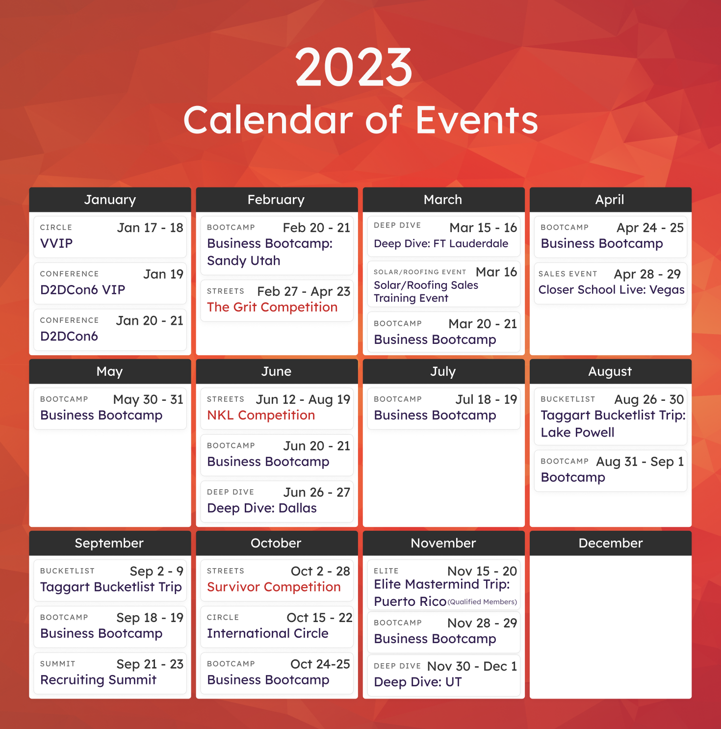 D2D Experts Calendar Of Events