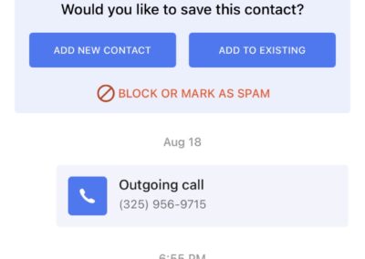 A screenshot showing a smartphone interface with a missed call notification from an unsaved number and an sms conversation discussing a threshold for buying d2d and an investment update.