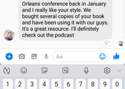 The image shows a screenshot of a messaging conversation on a mobile device where a person is thanking another named sam for a beneficial encounter at a conference and expressing appreciation for a book and podcast recommendation.