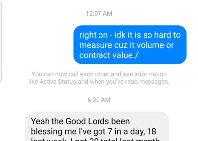 A screenshot of a messaging conversation on a smartphone where one person is inquiring about daily, weekly, and monthly claims of a construction project, and the other person is expressing difficulties in measuring volume due to contract discrepancies. the conversation then shifts to a friendly closure with good wishes.