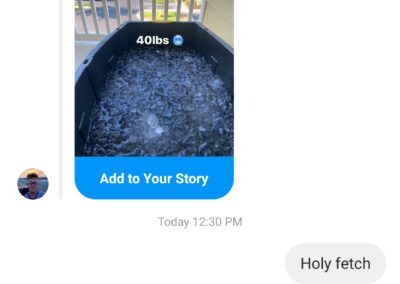 Messenger chat interface with a "holy fetch" reply to a message expressing inspiration and success in sales after moving to florida.