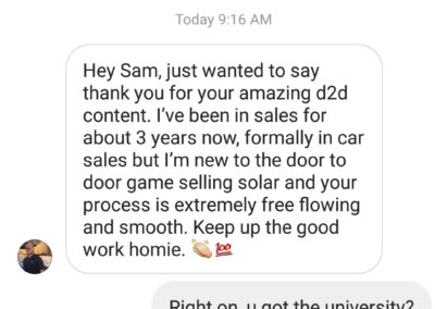 Text message conversation where one person compliments the other on their sales performance and asks if they are watching a university sport.