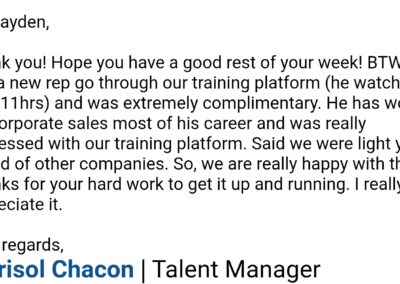 The image displays a screenshot of an email message addressed to brayden, expressing gratitude for a successful platform training session. the sender, marisol, mentions that a colleague, who has extensive experience in corporate sales training, praised the platform and regarded it as advanced compared to others. they acknowledge the effort and express excitement about the partnership, conveying a strong appreciation for the work done.