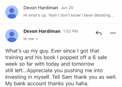 Screenshot of an email conversation on a smartphone, displaying a message thread with someone named devon hardiman discussing recent success with a training and expressing enthusiasm about implementing new strategies.