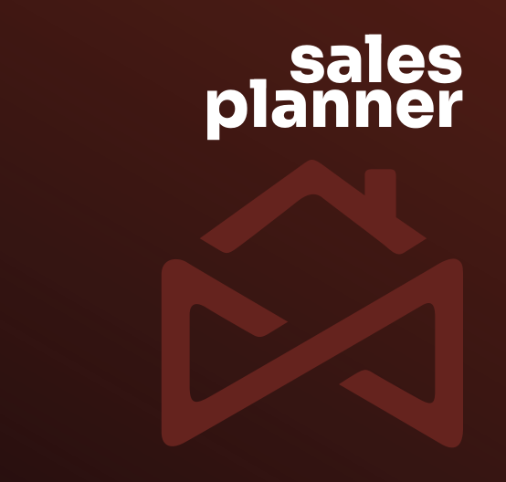 A stylized icon of a house with a line through it, set against a dark red background, with the words "sales planner" written above. it appears to be a graphic related to planning or management in the context of real estate or housing sales.