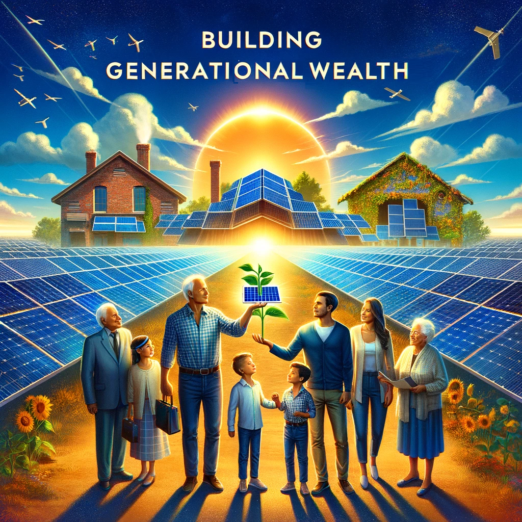 An intergenerational family nurturing a sapling amidst a backdrop of solar-powered homes, symbolizing the growth and sustainability of building generational wealth with solar sales under the renewing energy of the sun.