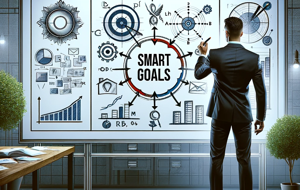 A focused sales manager outlines SMART goals on a whiteboard as part of an effective business strategy planning session in a modern office environment.