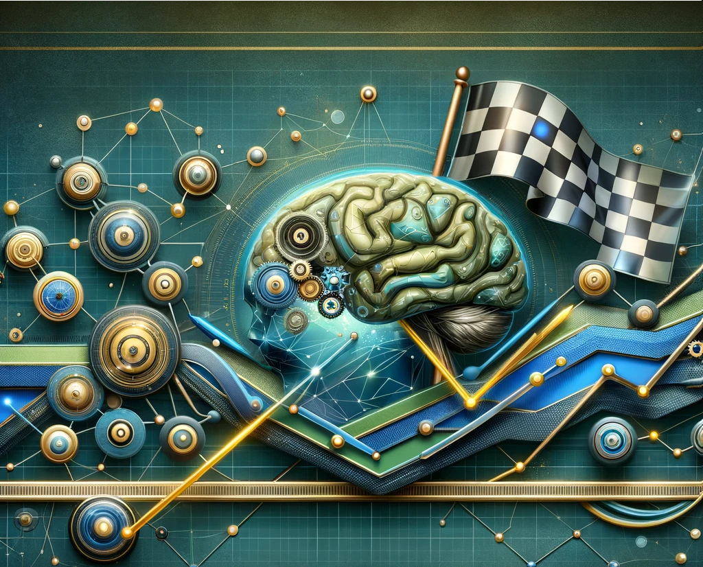 An artistic illustration blending the human brain with mechanical elements and a checkered flag, symbolizing the intersection of intelligence, creativity, competition, and NLP sales training.
