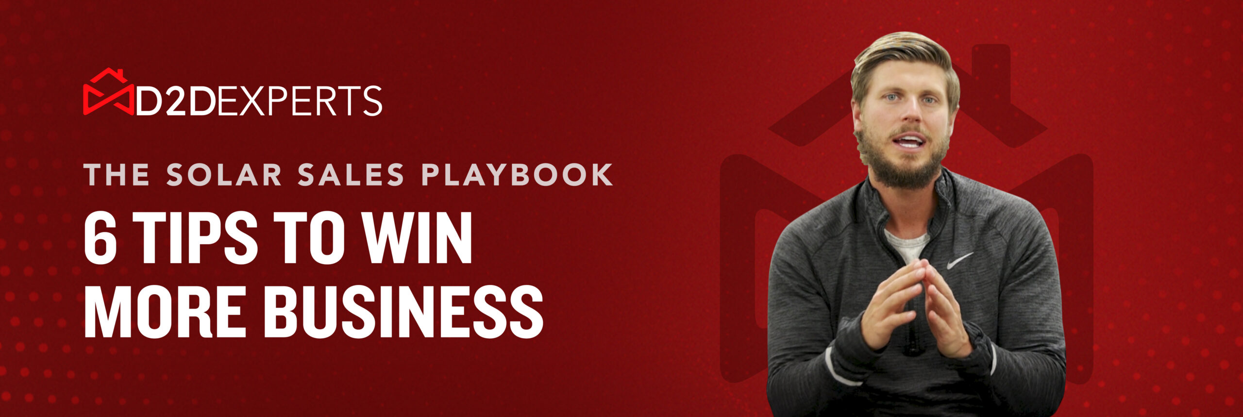 A professional speaker sharing strategies on a red-themed graphic with the title "the solar sales playbook: 6 tips to win more business" by d2d experts.