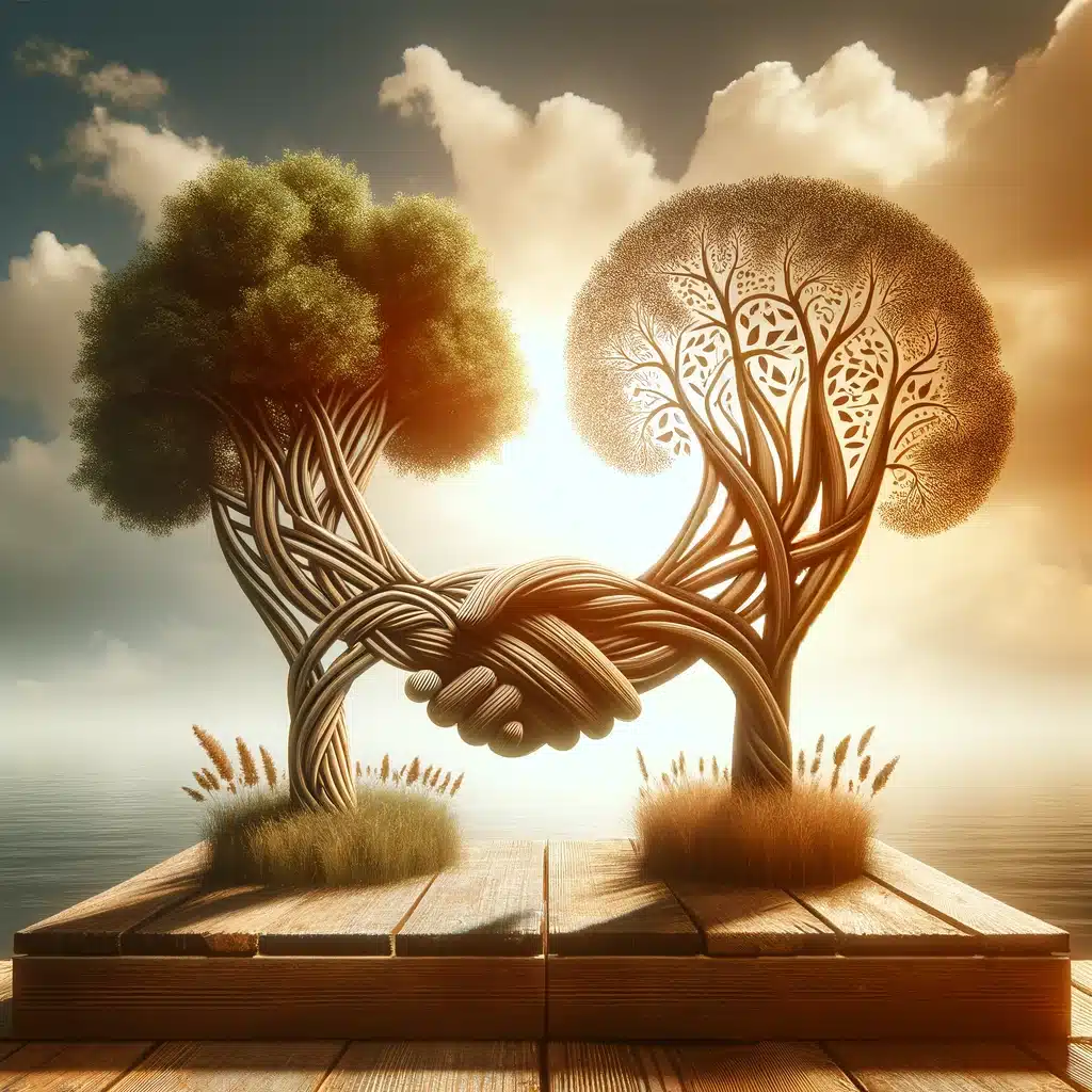 Trees masterfully shaped into intertwined hands to symbolize unity with nature against a sunset backdrop.