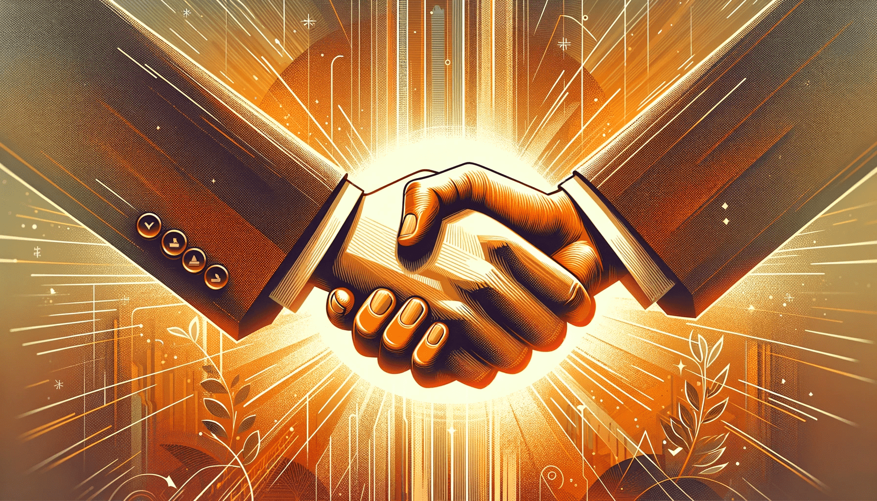 Two stylized hands in a firm handshake against a radiant, energetic backdrop symbolizing a powerful agreement or partnership.