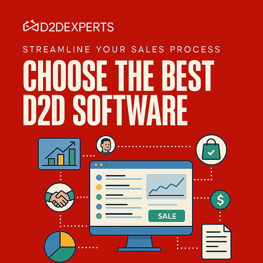 Promotional graphic for D2D software by D2DExperts. Features large text: "Streamline Your Door to Door Sales Process" and "Choose the Best D2D Software." Includes icons of a pie chart, clipboard, graphs, and currency symbols on a red background.