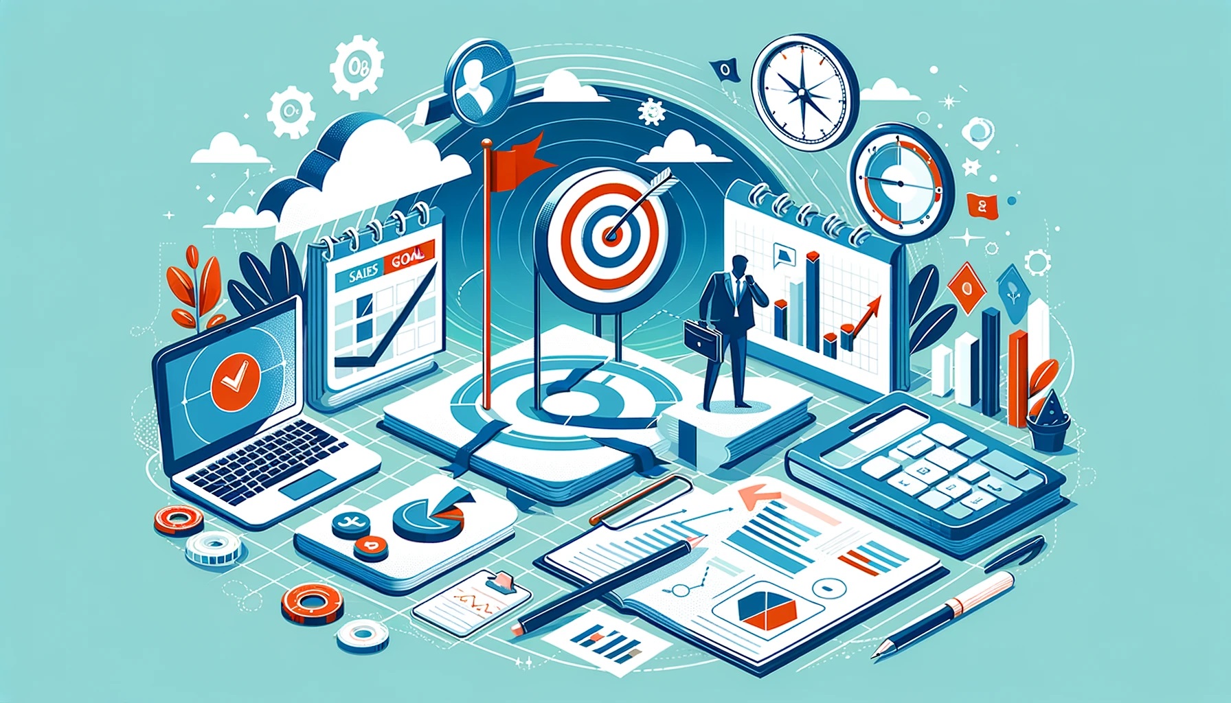 A vibrant and dynamic illustration depicting a businessman analyzing targets and goals amid a landscape of productivity tools, financial charts, and time management symbols, reflecting the complex and interconnected nature of modern business strategy and performance measurement.