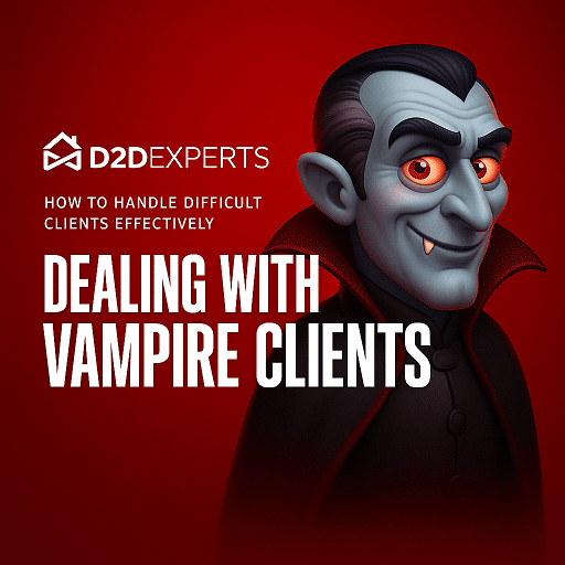 A cartoon vampire in a black cloak with a red background appears next to the text: "D2D Experts. How to Handle Difficult Clients. Tips for dealing with vampire clients effectively.