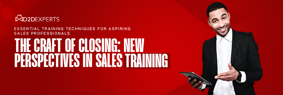 A confident sales professional presenting a tablet, with text promoting a program on advanced sales training techniques: "the craft of closing: new perspectives in sales training.