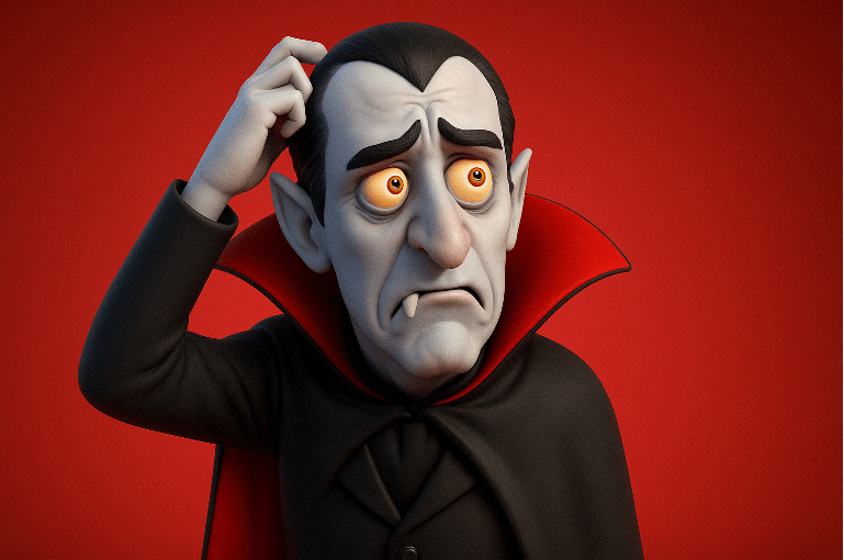 A cartoon vampire with pale skin, fangs, and a black cape with a red lining looks confused and scratches his head against a red background, as if pondering how to handle difficult clients.