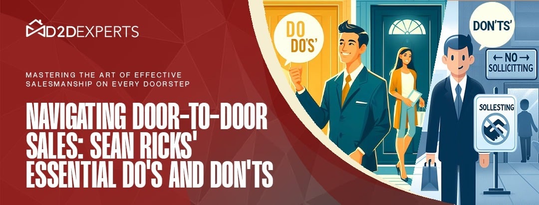 A promotional graphic for a sales strategy guide, featuring illustrated characters representing door-to-door salespeople with tips on do's and don'ts for ethical salesmanship.