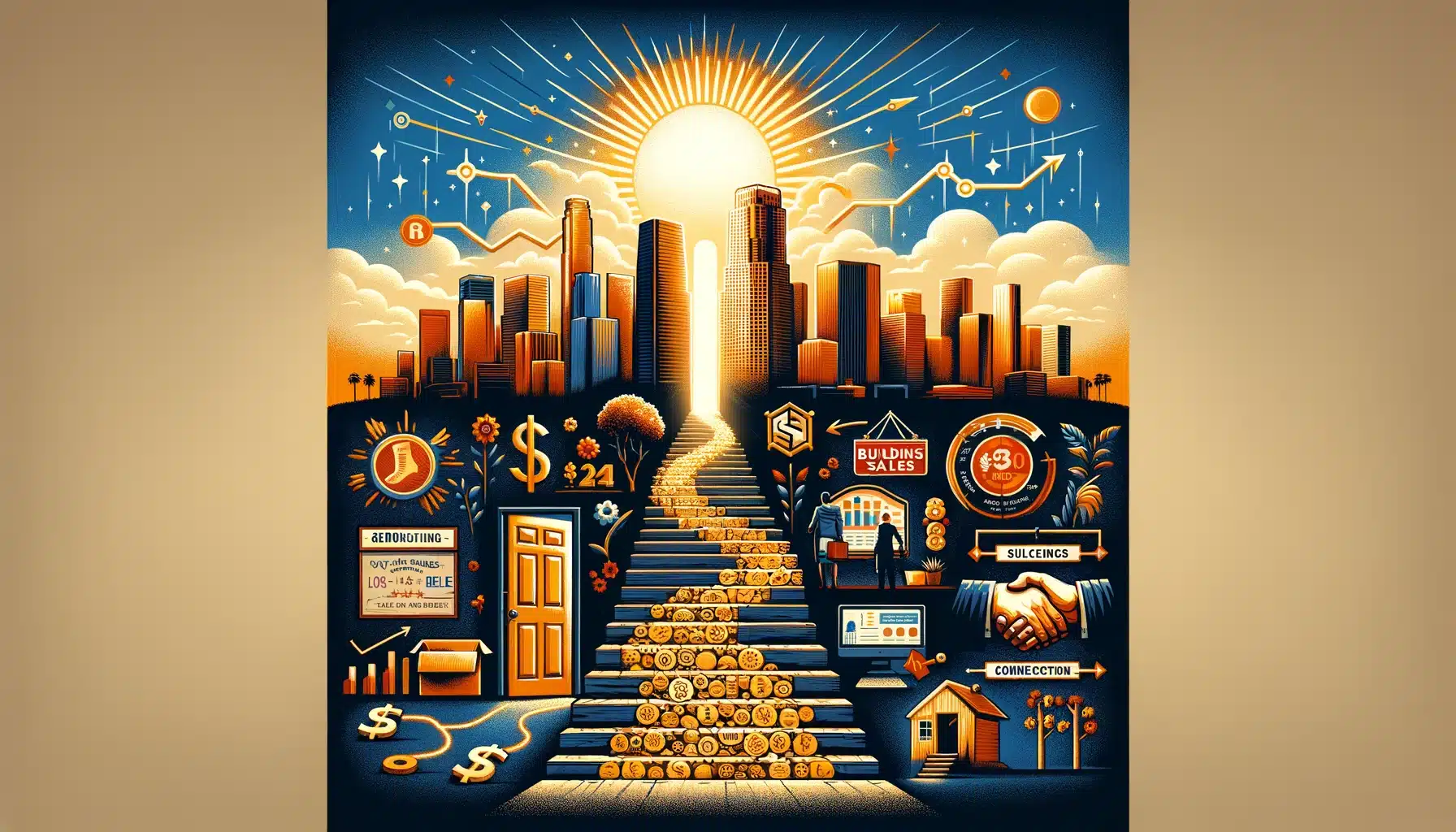 A vibrant, stylized illustration depicting the journey and mechanics of roofing sales success with symbolic elements such as currency, graphs, and handshake, set against a backdrop of a glowing city skyline.