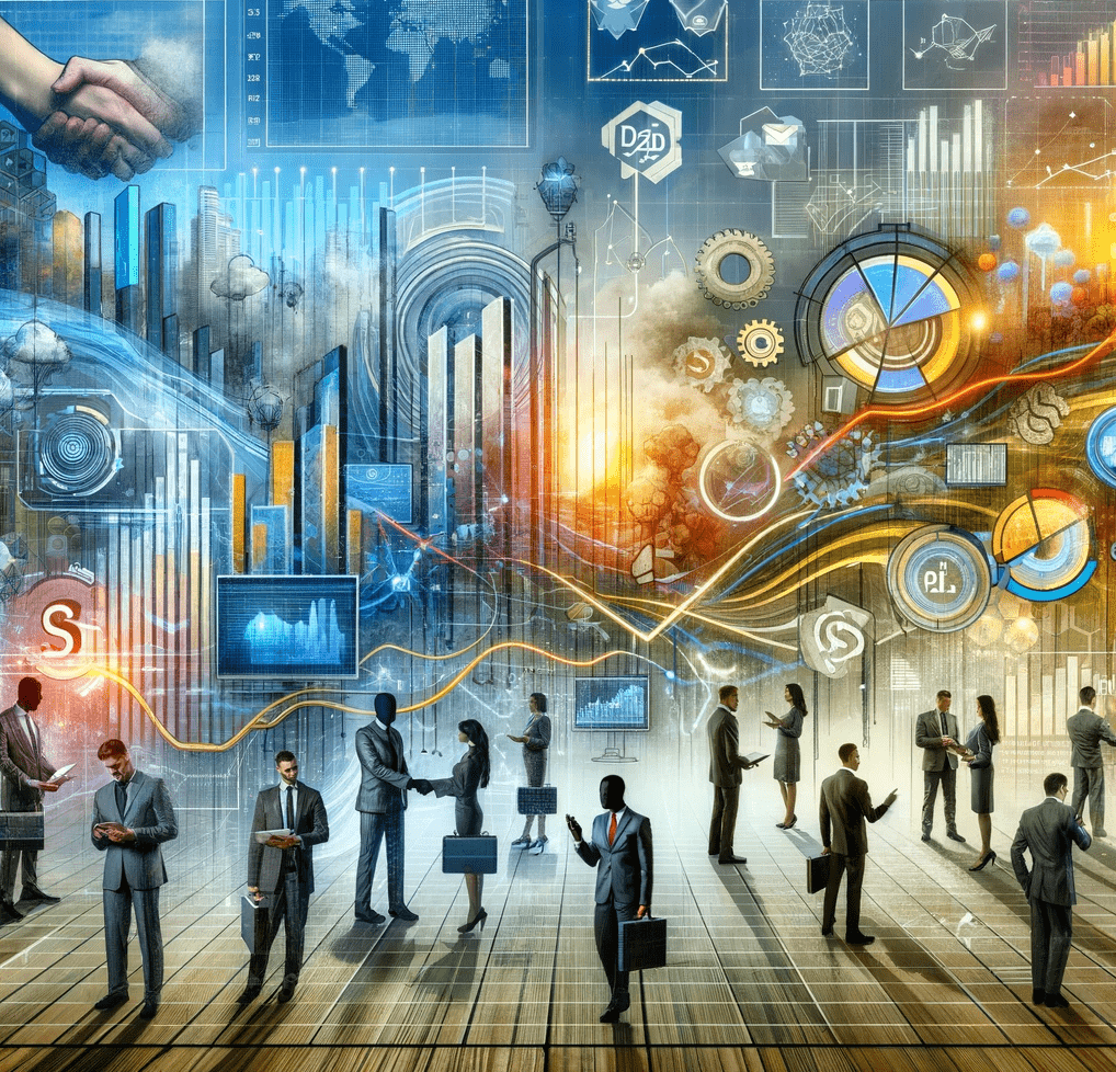 A dynamic and futuristic collage of business professionals overlayed with vibrant, data-driven sales infographics, symbolizing the intersection of human collaboration and advanced technology in the corporate world.