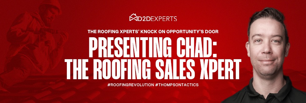 A promotional banner featuring Chad, a roofing sales strategist, with bold text highlighting a theme of seizing opportunity and expertise in the industry.