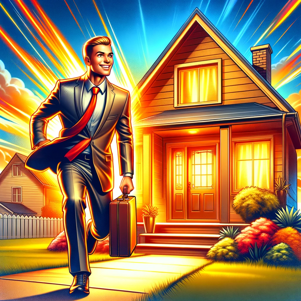 A sharply dressed man strides confidently from his picturesque suburban home, ready to take on the day's challenges, as radiant beams of sunlight create an aura of optimism and success around him.