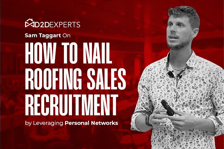 A man giving a presentation on "Roofing Sales Recruitment" by leveraging personal networks, branded by d2dexperts.