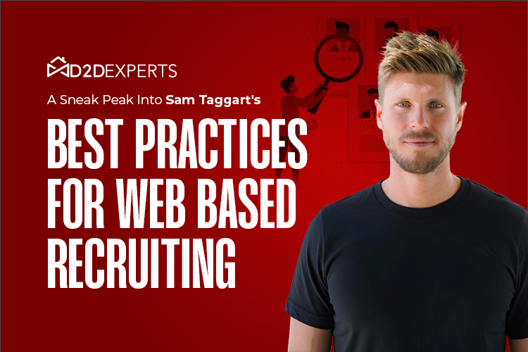 A confident professional on a red backdrop presents 'best practices for web-based recruiting'—a sneak peek into Sam Taggart's insights offered by D2D experts.