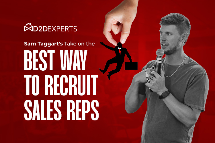 Sam Taggart shares his insights on the best way to recruit top-performing sales representatives, as illustrated by a symbolic figure of success being lifted to new heights.