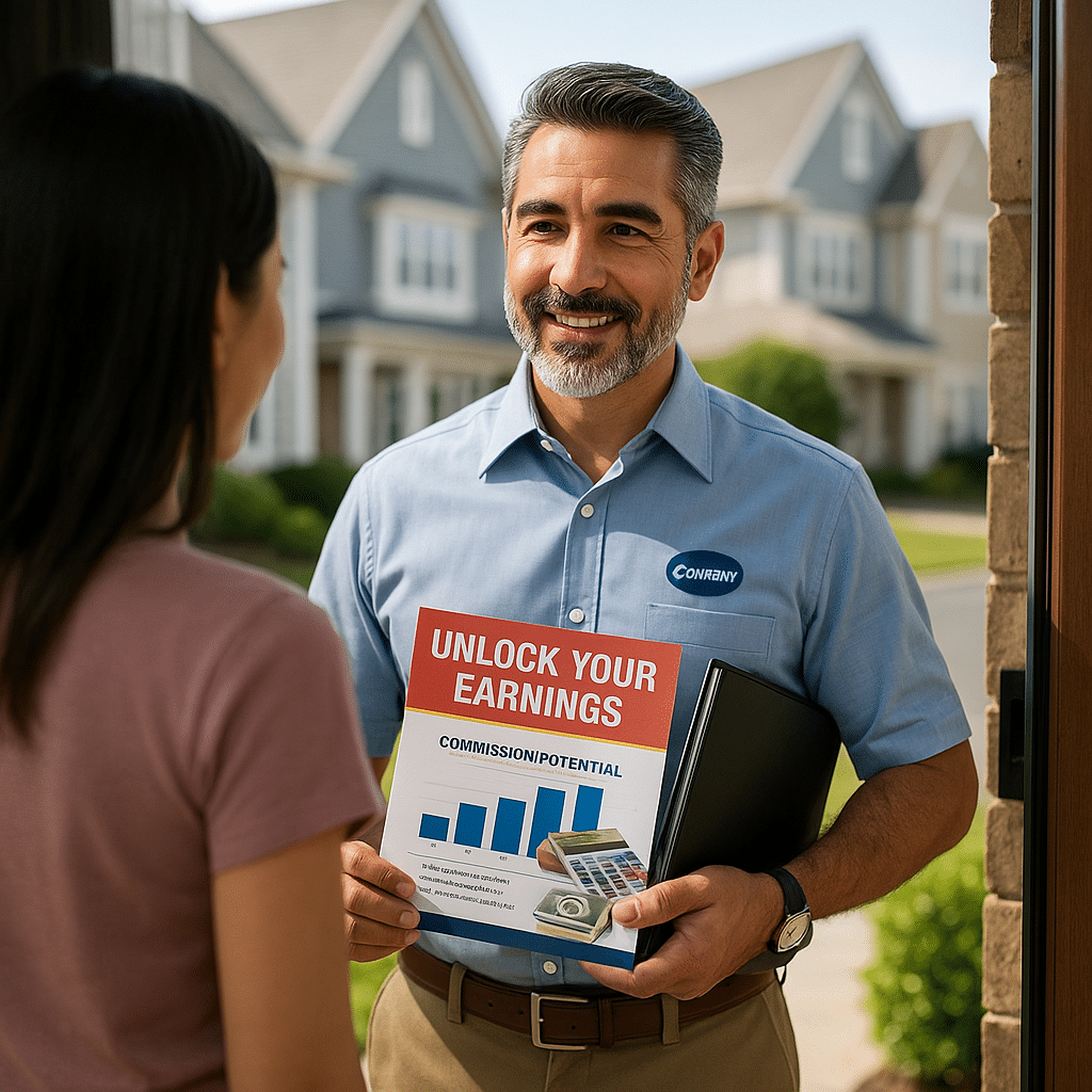 A smiling salesperson stands at a front door, holding a folder and a brochure titled "Unlock Your Earnings—How much can you make selling door to door?" with graphs and cash images, speaking to a woman. Suburban houses are visible in the background.